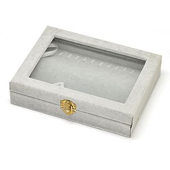 Gris Claro Cajas de joyas de madera rectángulo, cubiertos con terciopelo, con vidrio y hierro cierres, gris claro, 20x15.7x4.7 cm