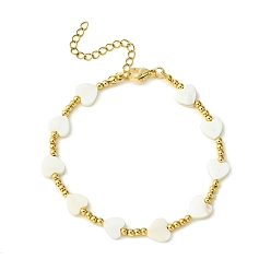 Golden Natural Shell Heart & Brass Beaded Bracelet for Women, Golden, 7-7/8 inch(20.1cm)