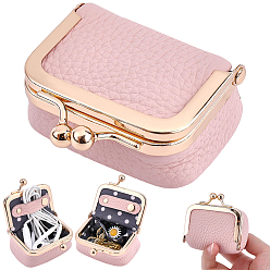 Pink Mini Portable Leather Jewelry Bags, with Golden Tone Metal Kiss Lock, Coin Pouches, for Rings Necklaces Bracelets, Rectangle, Pink, 6.3x6.5x3.2cm, Inner Diameter: 5.3x3.75cm