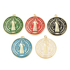 (52) Непрозрачная лаванда Латунь эмаль подвески, плоский круглый с подвесками Святого Бенедикта, долговечный, стойки покрытие, без свинца и без кадмия, реальный 18 k позолоченный, разноцветные, 38x35x5 мм, Перейти кольцо: 5x1 мм, внутренний диаметр: 3 мм