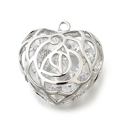 Платина Латунь с кубическим цирконием подвеской, без кадмия, без никеля и без свинца, полые прелести сердца, платина, 36x34x16 мм, отверстие : 3 мм