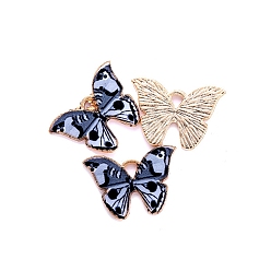 Black Alloy Enamel Pendants, Butterfly Charms, Light Gold, Black, 21x15mm