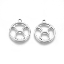 Taureau Pendentifs en acier inoxydable anti-ternissement, polissage manuel, bague avec douze constellations, couleur inox, taurus, 201mm, Trou: 18x16x1.5mm