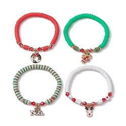 Mixed Color 4Pcs 4 Styles Handmade Polymer Clay Beaded Stretch Bracelets, Christmas Bell & Deer Alloy Enamel Charm Stackable Bracelets for Women, Mixed Color, Inner Diameter: 2-1/2 inch(6.3cm), about 1pc/style