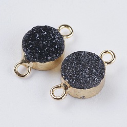 Hematite Plated Natural Druzy Agate Links connectors, with Light Gold Plated Brass Findings, Flat Round, Hematite Plated, 14.5x8x4~5mm, Hole: 1.5mm