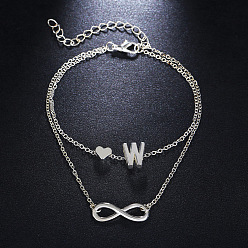 Letter W Браслеты на лодыжку из сплава с подвеской в виде сердца-бесконечности и инициалом, двухслойные, женские., платина, Буква W, 7-1/2 дюйм (190 мм)