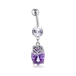 Dunkle Orchidee Messing Zirkonia Nabel Ring, Bauchringe, mit 304 Edelstahlleiste, cadmiumfrei und bleifrei, ellipsenförmige, dunkle Orchidee, 43 mm, Stange: 15 Spurweite(1.5mm), Stangenlänge: 3/8"(10mm)