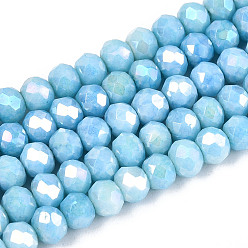 Светло-Голубой Антикоррозийные гальванические стеклянные бусины рондель, имитация драгоценных камней, с покрытием AB цвета, граненые, Небесно-голубой, 4~4.5x3~3.8 мм, отверстие : 0.9 мм, около 105~107 шт / нитка, 14.76~15.16'' (37.5~38.5 см)
