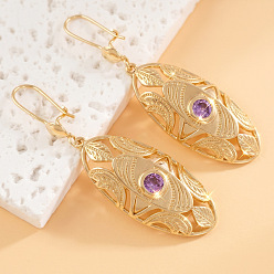 Medium Orchid Brass Micro Pave Cubic Zirconia Hoop Dangle Earrings, Oval, Golden, Medium Orchid, 70x30mm