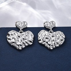 Платина Кованые латунные серьги-гвоздики в форме сердца, без свинца и без кадмия, долговечный, стойки покрытие, платина, 29.5x25 мм