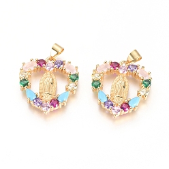 Золотой Латунные микро проложить кубического циркония подвески, долговечный, Сердце с Девой Марией, красочный, золотые, 24x20x3 мм, отверстие : 5x3 мм