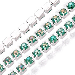 Aguamarina mediana Cadenas de tenis de imitación de perlas de hierro y plástico ABS, plaza, arco iris chapado, con carrete, plata, aguamarina mediana, 2x2x2 mm, sobre 10 yardas / rodillo