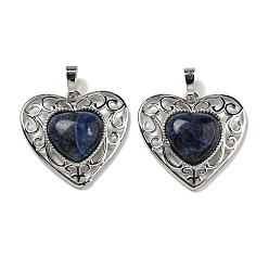 Sodalite Natural Sodalite Peach Love Heart Pendants, Rack Plating Brass Hollow Heart Charms, Cadmium Free & Lead Free, 29.5x30.5x7.5mm, Hole: 7.5x5mm