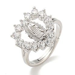 Платина Регулируемые кольца из латуни с микропаве и цирконием в форме сердца с покрытием Saint Rack, без свинца и без кадмия, платина, внутренний диаметр: 16 мм, Поверхность: 15x15.5 мм