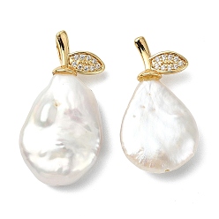 Золотой Барочные подвески из натурального жемчуга кеши, слезинки, с латунными микропаве и прозрачными фианитами в форме листа, зажимами для крепления., белые, золотые, 25.5~28x14~15x5.5~6 мм, отверстие : 3.5x2 мм