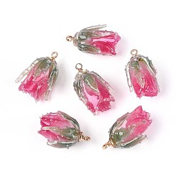Темно-Розовый Прозрачные акриловые подвески, цветок, с латунной найти, темно-розовыми, 20x12~13x12~13 мм, отверстие : 1.6 мм