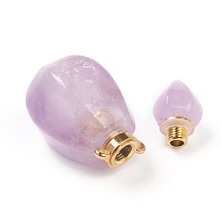 Amethyst Faceted Natural Amethyst Pendants, Openable Perfume Bottle, with Golden Tone Brass Findings, 32~33x17~18x16mm, Hole: 2mm, capacity: 1ml(0.03 fl. oz)