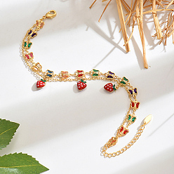 Colorful Bohemian Brass Enamel Red Strawberry Charm Plastic Beaded Chain Double Layer Anklets for Beach Vacation, Golden, Colorful, 10-5/8 inch(270mm)
