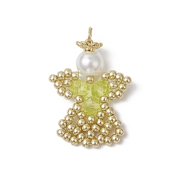 Желтый Подвески-ангелы из стеклянных бисеров, с круглой стеклянной жемчужиной и 304 соединительными кольцами из нержавеющей стали, желтые, 29x18.5x6 мм, отверстие : 3 мм