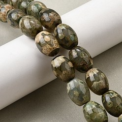 Flower Pattern Тибетского стиля DZI бисер нитей, природных бисера агат, окрашенная и подогревом, рис, темно-оливковый зеленый, цветочным узором, 16x12 мм, отверстие : 1.8 мм, около 20 шт / нитка, 12.60'' (32 см)