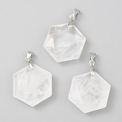 Quartz Crystal Faceted Natural Quartz Crystal Pendants, Rock Crystal Pendants, with Platinum Tone Brass Findings, Hexagon, 28x25x9mm, Hole: 4x5mm