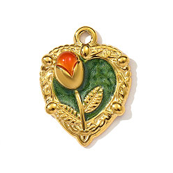 Зеленый 304 нержавеющей стальной эмали подвески, сердце с цветочными подвесками, ионное покрытие (ip), реальный 18 k позолоченный, зелёные, 24x18 мм