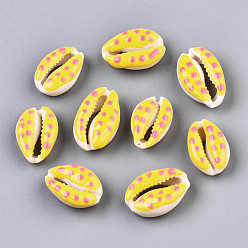 Yellow Natural Cowrie Shell Beads, with Enamel Polka Dot Pattern, No Hole/Undrilled, Yellow, 16~19x10~12.5x7mm
