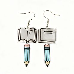 Pale Turquoise Acrylic Dangle Earrings, Book with Pencil, Platinum, Pale Turquoise, 77x27mm