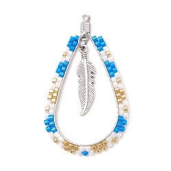Темно-Голубой Каплевидная подвеска из стеклянного бисера в стиле бохо с перьями, цвета нержавеющей стали 304 выводы из нержавеющей стали, глубокое синее небо, 52x29x2 мм, отверстие : 1.2 мм