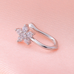Цветок Латунные микро-паве прозрачные кубические цирконии клипсы на носовые кольца, платина, цветок, 12 мм, штифты : 0.6 мм