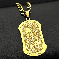 Golden Religion 304 Stainless Steel Saint Jude Rectangle Dog Tag Pendant Necklaces for Men, Golden, 23.62 inch(60cm)