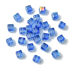 Королевский синий 100шт прозрачные гальванические стеклянные бусины, с покрытием AB цвета, граненые, кубические, королевский синий, 7x7x7 мм, отверстие : 1.6 мм