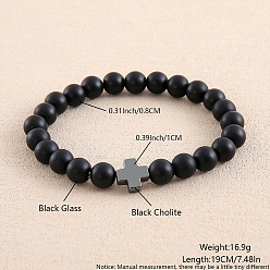 Glass Браслеты из круглых стеклянных бусин для мужчин и женщин, крестик, с синтетической немагнитной гематитовой бусиной, внутренний диаметр: 7-1/2 дюйм (19 см)