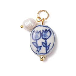 Золотой Фарфоровое изделие ручной работы с подвесками из натурального культивированного пресноводного жемчуга., овал с подвесками в виде цветов, с железными контактами, золотые, 28x16.5x6 мм, Перейти кольцо: 8.5x1.5 мм, внутренний диаметр: 5.5 мм