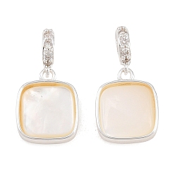 Silver Brass Micro Pave Clear Cubic Zirconia Pendants, Square Charm, with Natural Shell, Silver, 11.5x9.5x3.5mm, Hole: 2x2mm