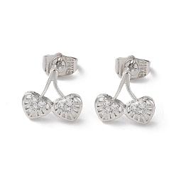 Platinum Brass Rhinestone Stud Earrings, Heart Cherry, Platinum, 12x13mm