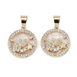 White Brass Micro Pave Clear Cubic Zirconia Pendants, with Acrylic, Flat Round with Star Charms, Real 18K Gold Plated, White, 19.5x17x3mm, Hole: 5X3mm