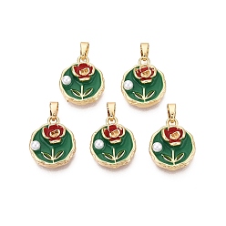 Зеленый Латунь эмаль подвески, плоские круглые и цветочные подвески, с ABS имитации жемчуга, реальный 18 k позолоченный, зелёные, 16x13.5x5 мм, отверстие : 5x2.5 мм