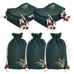 Темно-Зеленый 24 шт. мешочки на завязках из хлопка и льна с цветочным принтом, прямоугольные, темно-зеленый, 13.8~14x9.7x0.1~0.35 см