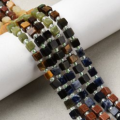 Смешанные камни Нити бусин из синтетического авантюрина, натурального тигрового глаза, золотистого блестящего обсидиана, содалита, южнокитайского нефрита, желтого авантюрина, кунжутной яшмы и африканского кровавика, кубические, с бисером, 4~6x4~6x4~6 мм, отверстие : 0.9~1 мм, около 59 шт / нитка, 14.92~15'' (37.9~38.1 см)