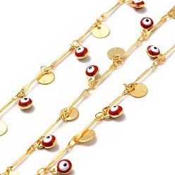 Real 18K Gold Plated Red Enamel Evil Eyes Charm Chains, with Brass Bar Link Chains, Soldered, with Spool, Real 18K Gold Plated, 12.5x2x0.5mm