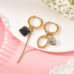 Quartz Tourmalinated 202 Huggie inoxydable en acier boucles d'oreilles, boucles d'oreilles asymétriques, boucles d'oreilles pendantes ovales en quartz tourmaliné naturel et acier inoxydable, or, 304mm