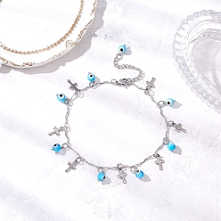 Темно-Голубой 304 браслеты на ногу из нержавеющей стали с перекрещивающимися звеньями-кисточками и сглазом ручной работы для женщин, цвет нержавеющей стали, глубокое синее небо, 9 дюйм (227 мм)