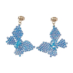 Dodger Blue Glass Seed Beaded Dangle Stud Earrings, with 304 Stainless Steel Findings, Butterfly, Dodger Blue, 40x28mm