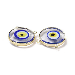 Blue Handmade Lampwork Pendants, with Golden Plated Brass Findings, Cadmium Free & Lead Free, Flat Round with Evil Eye, Blue, 21x21x4.5mm, Hole: 1.5mm