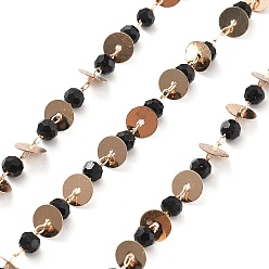 Черный Плоские круглые цепочки из латуни и стеклянных бусин ручной работы, для ожерелья браслеты решений, долговечный, пайки, с катушкой, чёрные, 4.5x3.5 мм, около 16.40 футов (5 м) / рулон