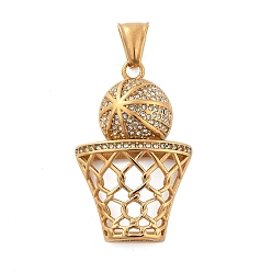 Золотой 304 из нержавеющей стали горный хрусталь подвески, баскетбол и кольцо, вакуумные покрытия, золотые, 41x26x8.5 мм, отверстие : 3.5x8.5 мм