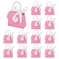 Hot Pink Rectangle Paper Gift Bags with Hole Imitation Pearl Handle, Candy Tote for Birthday, Wedding, Hot Pink, 13.5x5.8x20cm