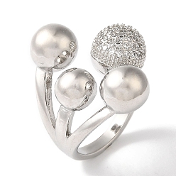 Платина Латунные микро-паве прозрачные кольца с кубическим цирконием, круглые шарики, открытые манжеты для женщин, платина, размер США 7 1/4 (17.5 мм)