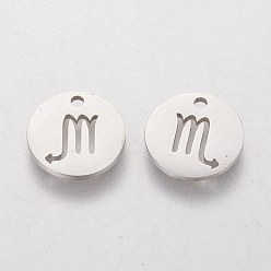 Scorpio 304 Stainless Steel Charms, Flat Round with Constellation/Zodiac Sign, Scorpio, 12x1mm, Hole: 1.5mm